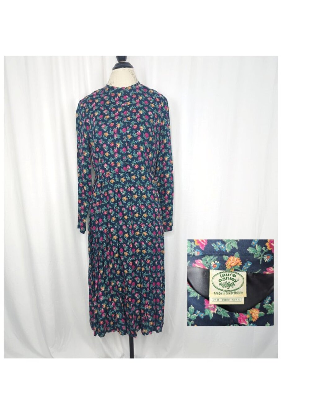 Vintage 80s Laura Ashley Dress Large Blue Midi Floral